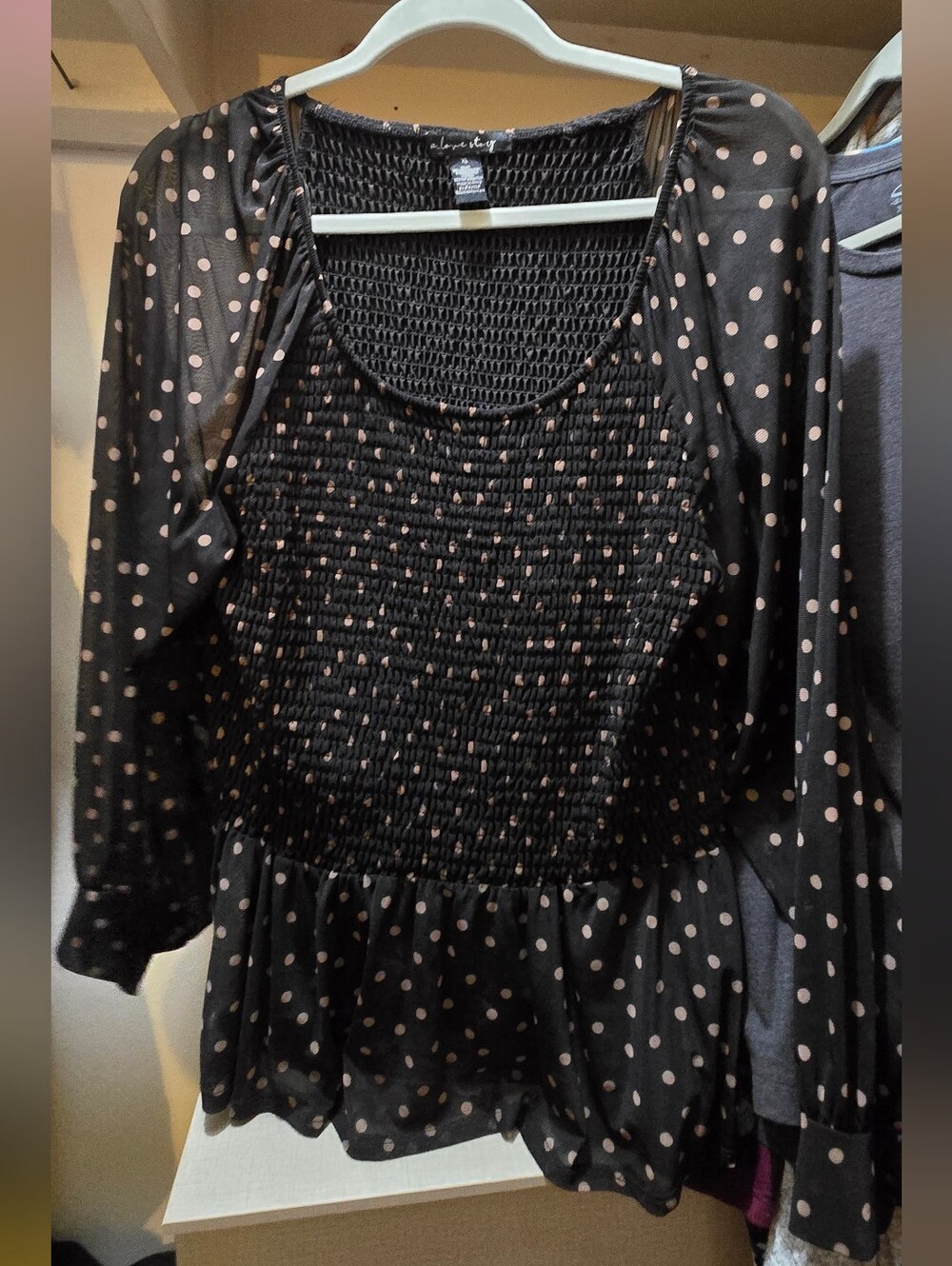 Black Polka Dot Smocked Peplum Top - Unknown Brand